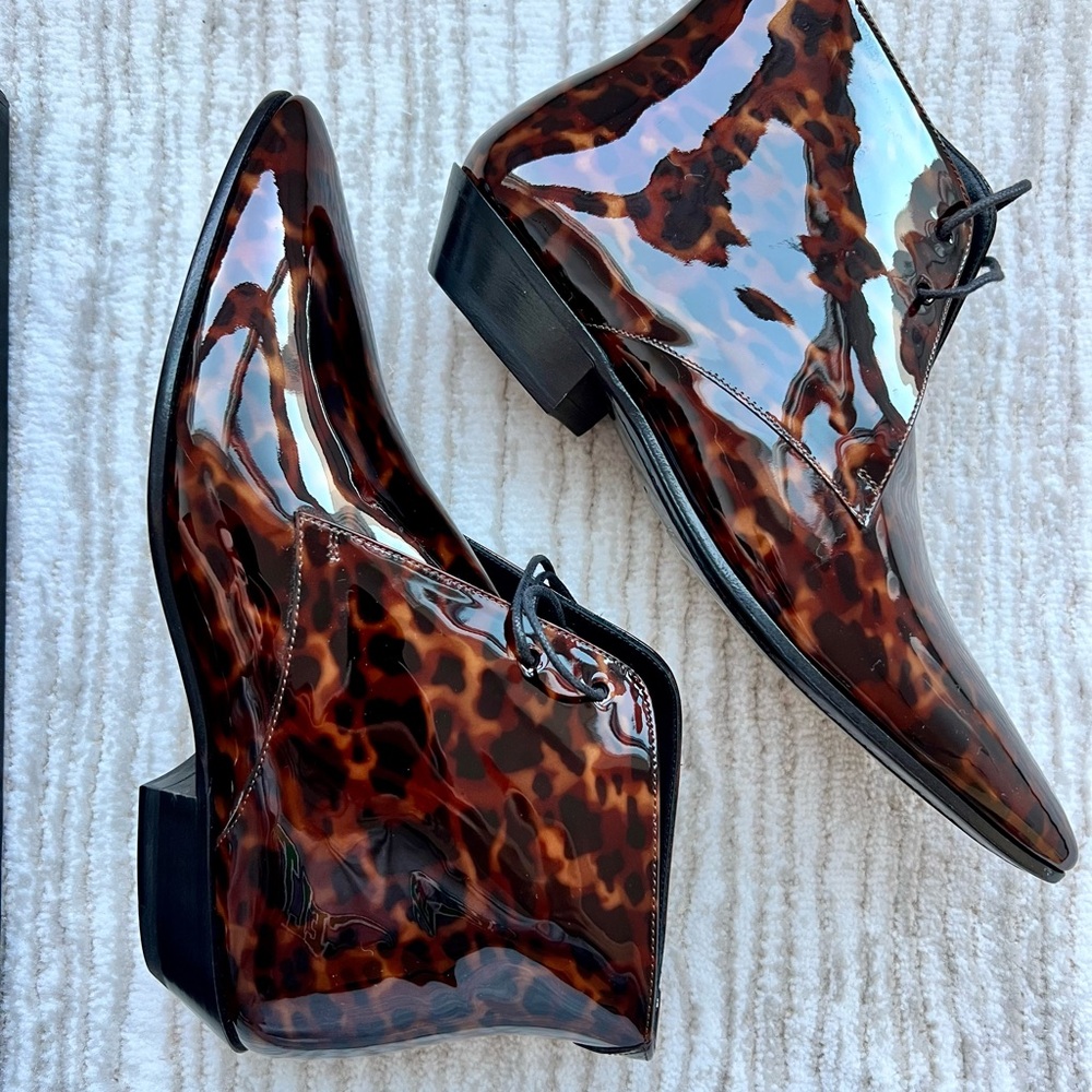 NWT Designer Saint Laurent YSL, Black/Brown Patent Leather Ankle Boots Size 36/6